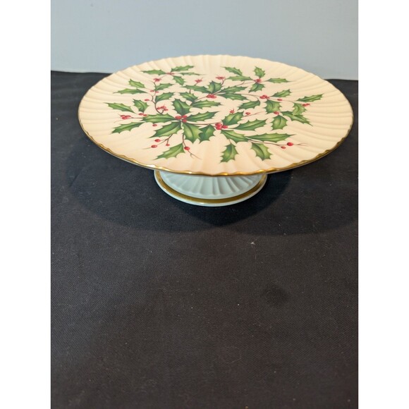 Lenox Holiday Cake Stand Pedestal 11" Porcelain Holly Berry Gold Trim - Picture 1 of 7